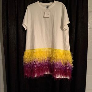 QUEEN OF SPARKLES White Mini Dress with Yellow, Purple & Burgundy Feather Trim